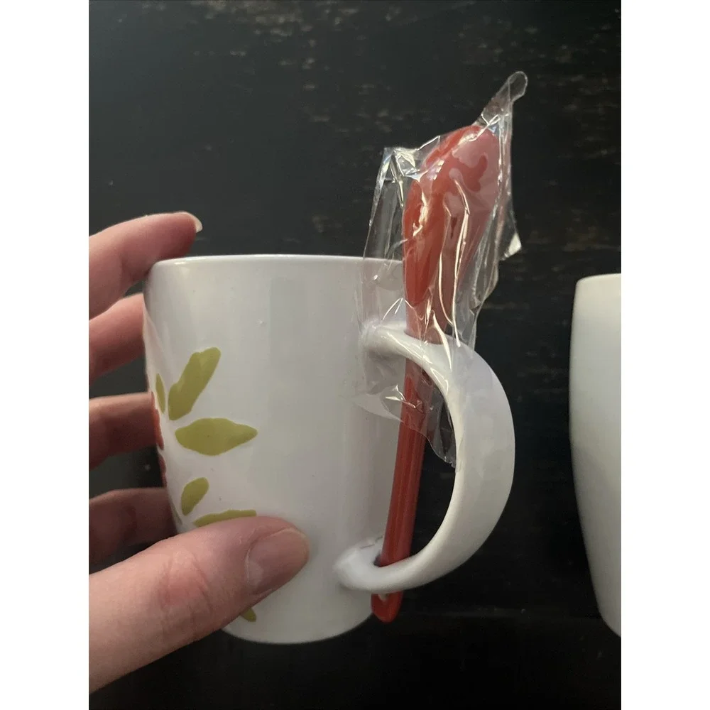 (2) Pier 1 Floral Hand-Painted Stoneware 12 oz. Coffee Mug Cup White Orange Red